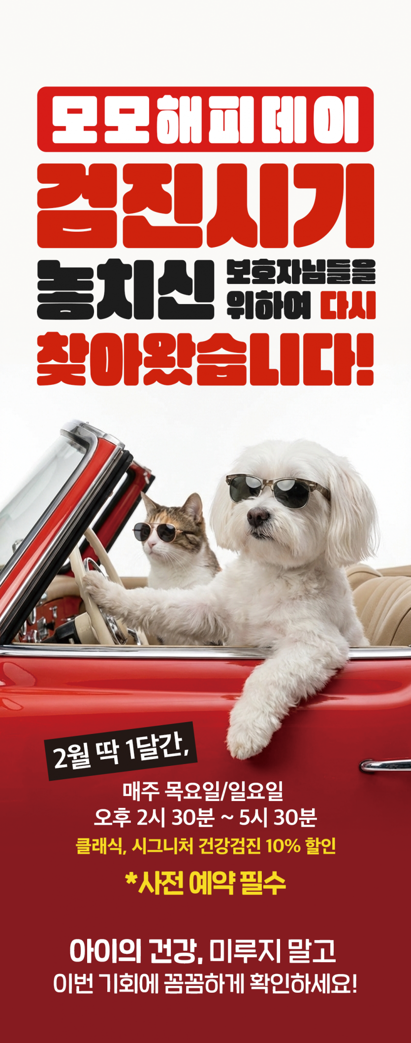 모모 해피데이 건강검진 이벤트 안내. 2월 한 달간 매주 목요일과 일요일 오후 2시 30분부터 5시 30분까지 클래식 및 시그니처 건강검진 10% 할인, 사전 예약 필수.